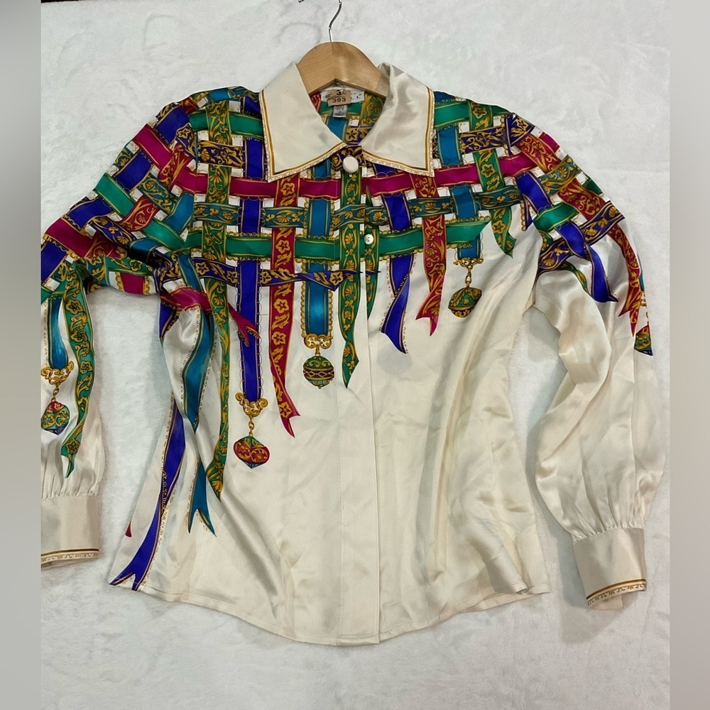 Adrianna Papell Silk Blouse with Gold and Green Accents